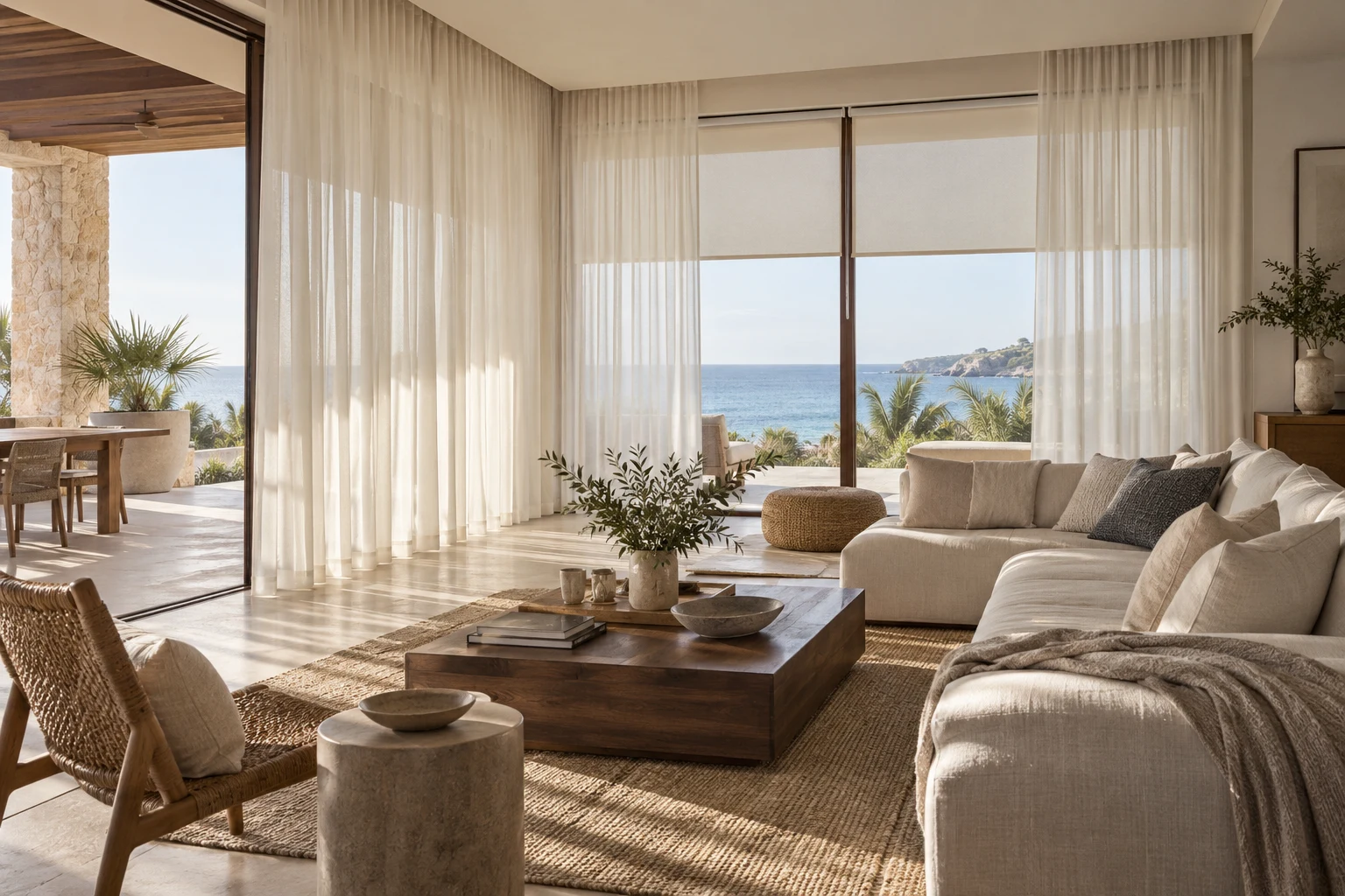 Coastal living room inspiration with sheer curtains and natural light
