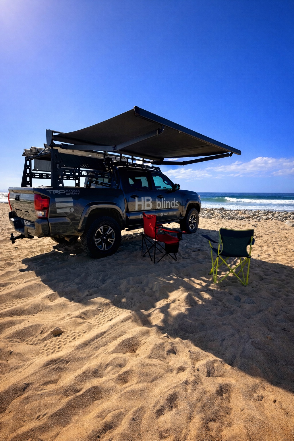 HB Blinds branded Toyota Tacoma at the beach